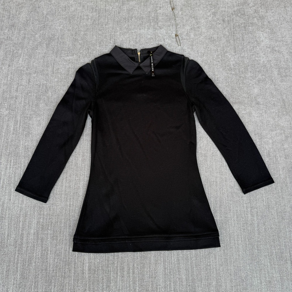 Karen Millen Collared Top Womens 2 Black Office Stretch Long Sleeve Back Zip